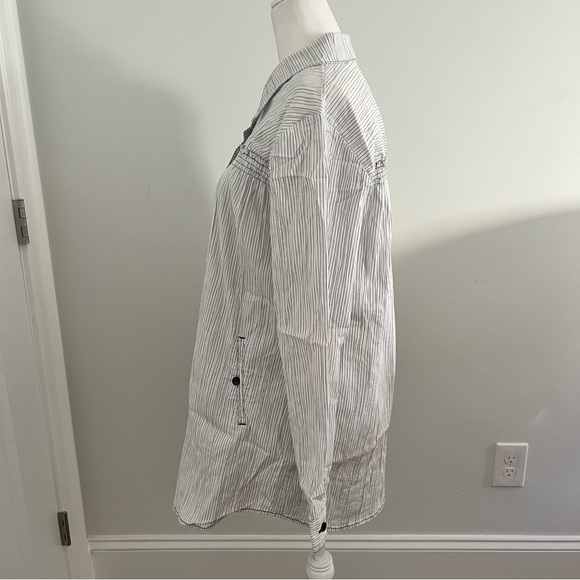 Womens button down collared shirt dress white black stripes pleated size large - Picture 4 of 11